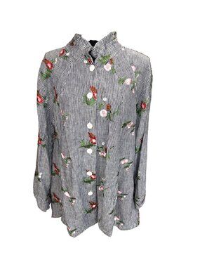 John Mark Floral Embroidered Striped Button-Up Blouse Women L Artsy Cottage Core